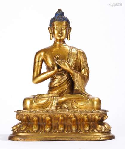 Sino Tibetan Gilt Bronze Figure of Shakyamuni
