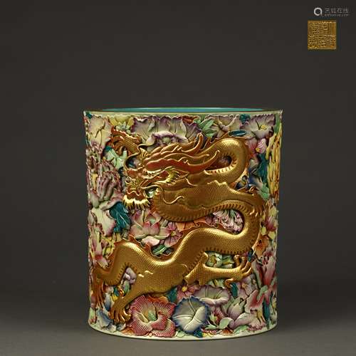 Pastel carved porcelain flower painted gold dragon pattern b...