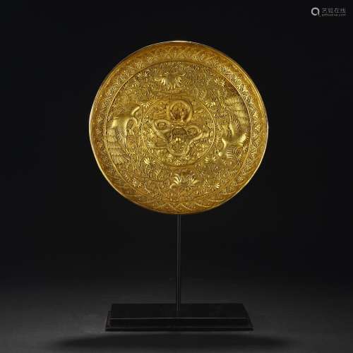 Qing Dynasty copper gilded dragon and phoenix pattern plate