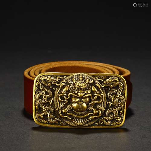 Ancient bronze gilded gold carved dragon belt buckle