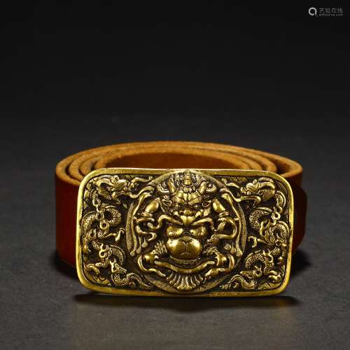 Ancient bronze gilded gold carved dragon belt buckle