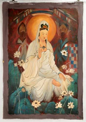 A OIL PAINTING DEPICTING CHINESE GUANYIN. SIGNED BY