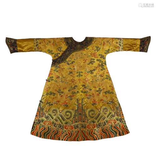 Yellow Brocade Nine Dragon Robe in Qing Dynasty