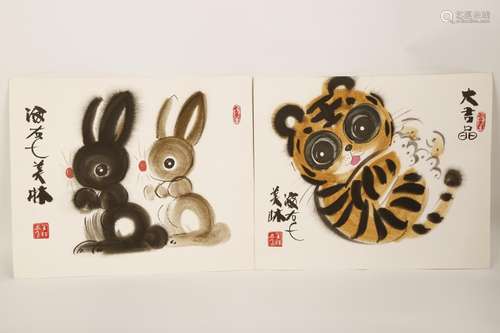 (2) SIGNED MEILIN HAN.A PAIR OF INK AND COLOR ON PAPER PAINT...