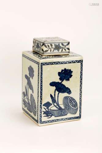 A QING DYNASTY STYLE BLUE AND WHITE PORCELAIN SQUARE JAR AND...