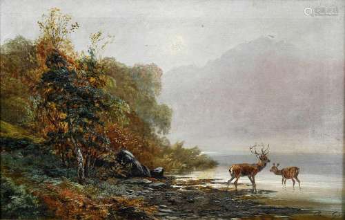 Clarence Henry Roe (1850-1909)Stag and doe drinking in Highl...