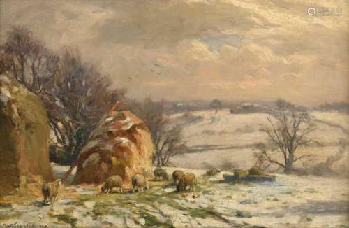 William Greaves (1852-1938) Sheep grazing beside a hayrick i...