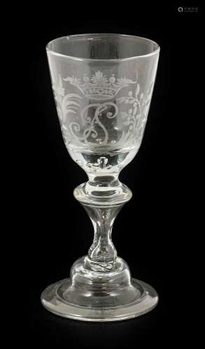 A Wine Glass, circa 1730, the rounded funnel bowl engraved w...