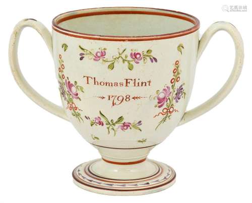 A Pearlware Loving Cup, dated 1798, of ovoid form with twin ...