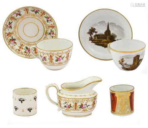 A Herculaneum Porcelain Teacup, Saucer and Milk Jug, circa 1...