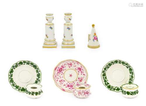 A Pair of Meissen Porcelain Inkwells, Stands and A Cover, ci...