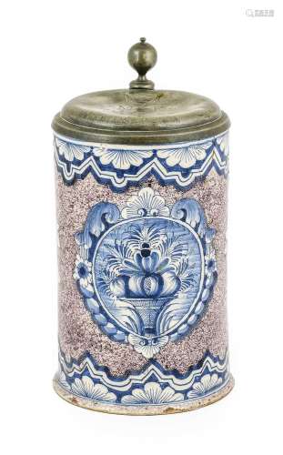 A German Pewter-Mounted Faience Tankard, circa 1740, of cyli...