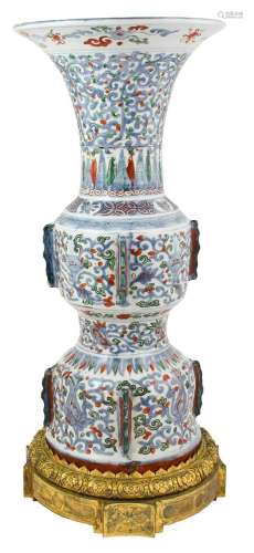 A Chinese Wucai Porcelain Vase, 17th century, of archaic Gu ...