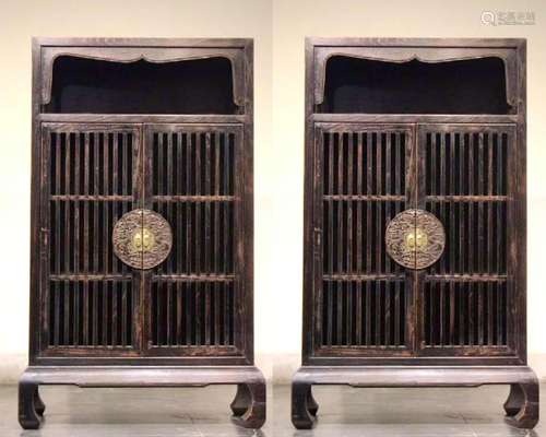 (2) A PAIR OF LACQUERED DOOR, YU-MU WOOD FRAMEWORK DISPLAY C...