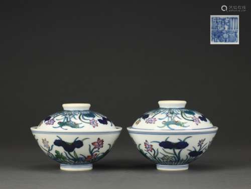 A pair of bowls covered with bucket colors and patterns