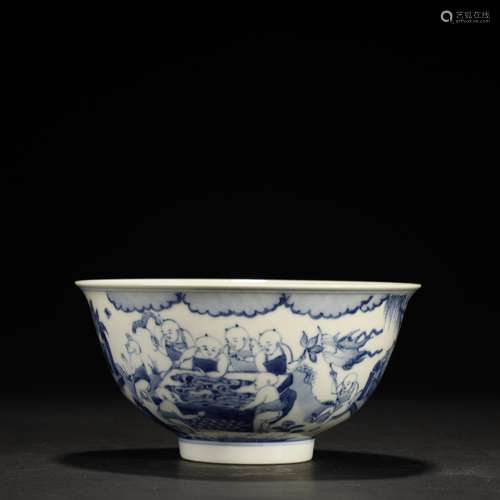 Qing Dynasty Blue and White Boy Play Spring Picture Bowl