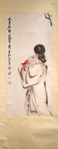 A CHINESE INK AND COLOR ON PAPER SCROLL H244
