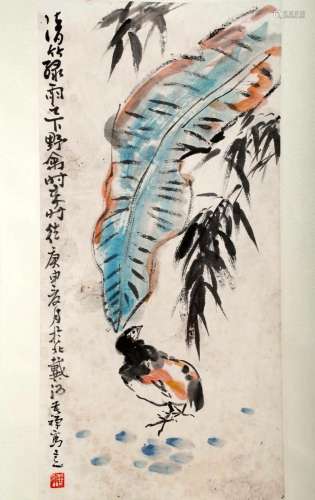 SIGNED LI KUCHAN (1899-1983). A INK AND COLOR ON PAPER HANGI...