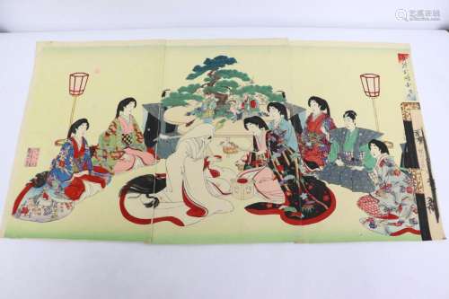 Antique Japanese woodblock print, triplet