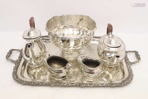 4 pc S/P tea set, a large bowl & a large serving tray