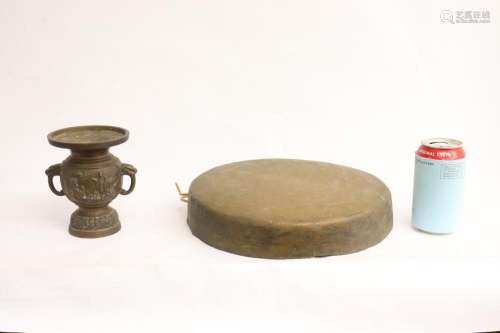 Antique Japanese gong, and a bronze jar