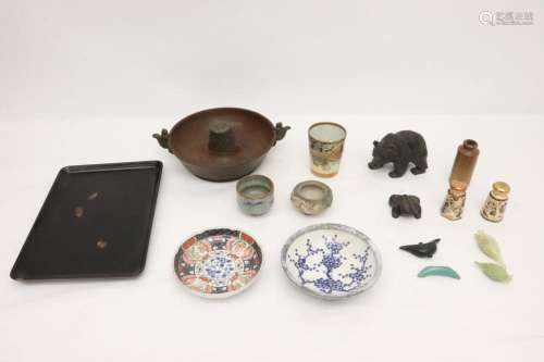 Lot of Japanese wood carvings and porcelain pc