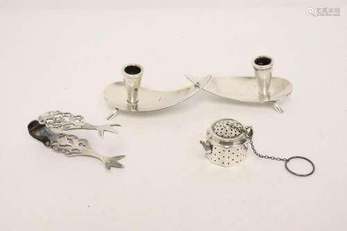 3 pieces sterling; a tea strainer, tongue by Matheson, Norwa...