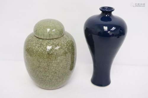 A blue glazed meiping & a crackleware covered jar