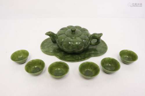 8 pieces green jade carved tea set