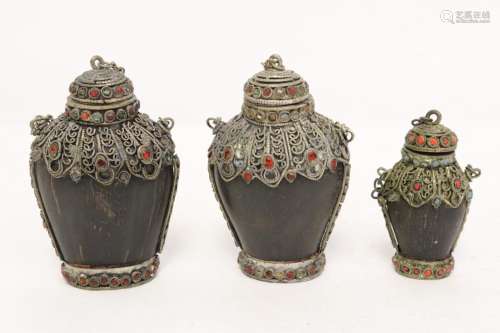 3 Chinese horn like snuff bottles with metal overlay