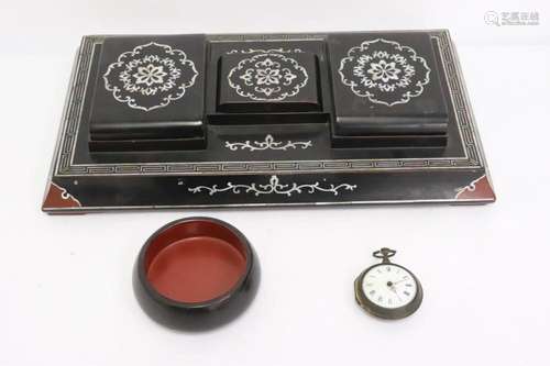 Lacquer desk set w/ MOP inlaid, & a pocket watch