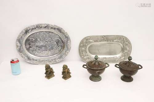 2 bronze covered bowls, 2 trays and 2 brass fulions