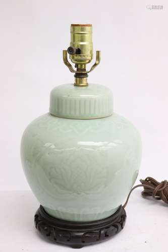 Chinese celadon covered jar, made as lamp