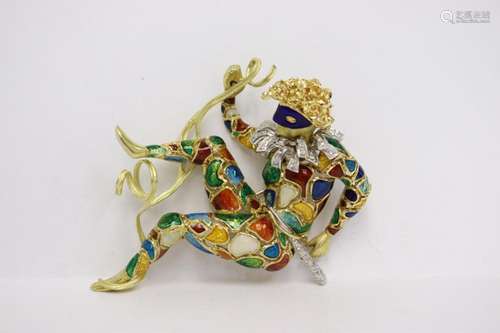 Italian 18K Y/G enamel diamond brooch