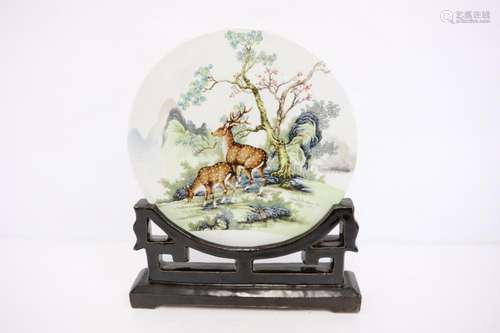 Chinese round porcelain plaque on porcelain stand