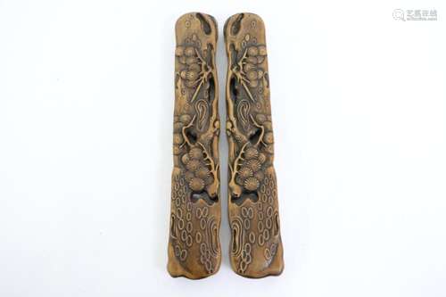 Pair rosewood carved scroll weights