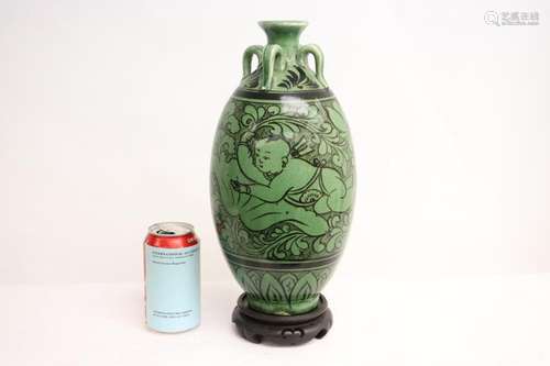 Chinese black on green handled porcelain vase