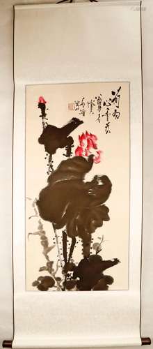 SIGNED SHI LU (1919–1982). A INK AND COLOR ON PAPER HANGING ...