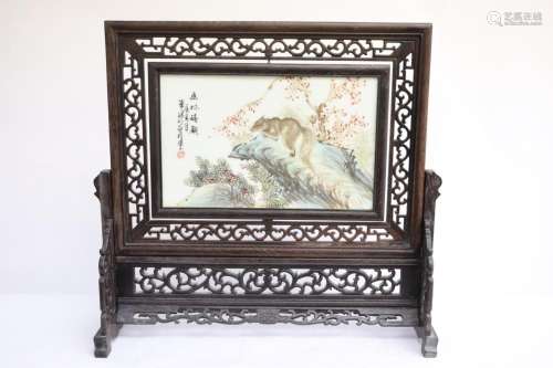 Chinese framed porcelain plaque on stand