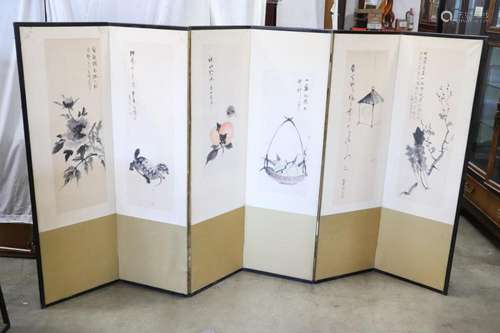 Chinese 19th/20th c. room divider w/ signed w/c