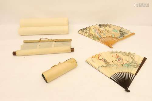 2 Chinese w/c paintings on fan, and 3 misc. scrolls