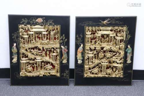 Pair Chinese gilt and carved wood panels