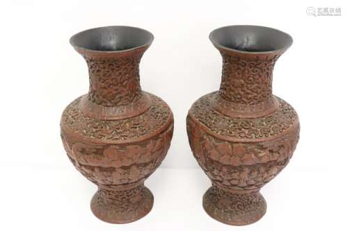 Pair Chinese antique cinnabar vases