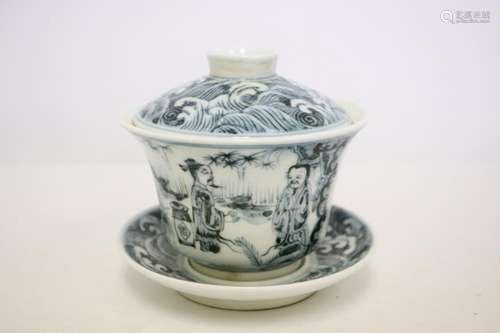 Chinese b&w covered teacup with underplate