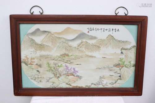 Large Chinese framed famille rose porcelain plaque