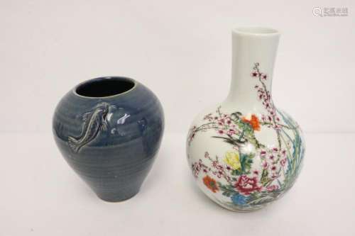 Chinese famille rose bottle vase & a porcelain jar