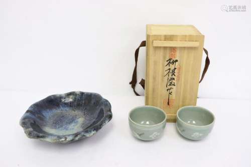 Pr Korean celadon tea bowls, & a blue glazed bowl