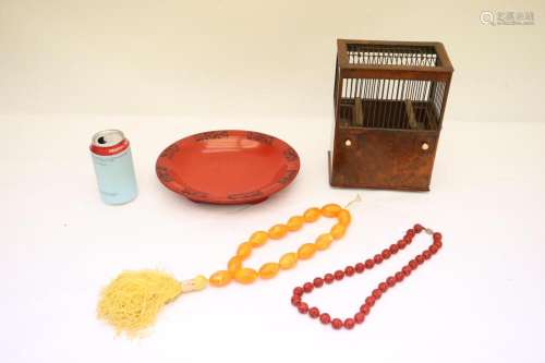Bird cage, simulated cinnabar plate & 2 necklaces