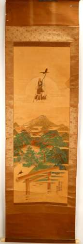 A JAPANESE INK AND COLOR ON PAPER HANGING PAINTING SCROLL IN...