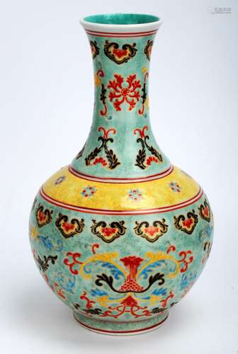 A TURQUOISE-GROUND PAINTED ENAMEL WITH COLOR GLAZED